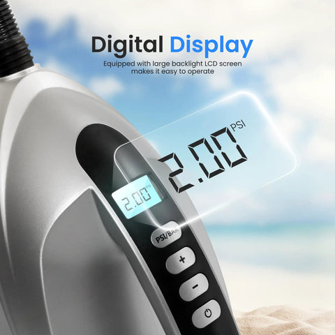 Close-up of Electric Inflatable Paddle Board Pump With 20 PSI High Pressure Auto Shut Off, showing digital PSI display.