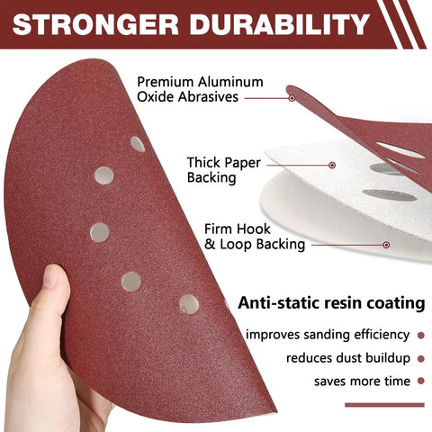 Pro Level 9 Inch 10 Hole Hook And Loop Sanding Discs Set with foam sponge showing premium aluminum oxide and anti-static coating.