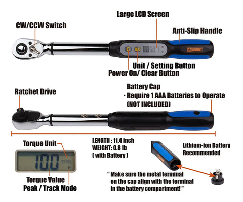 Digital Torque Wrench Three Eighths Inch Drive Measures Peak Torque With LCD Display Pro Grade Calibrated Compact Tool For Peak Readings From Two Point Two To Sixty Two Point Seven Foot Pounds Socket Set Included Peak Torque Readings Only showing parts and features diagram