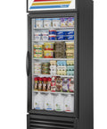 Heavy Hitter Single Swing Glass Door Merchandiser Refrigerator With Green Hydrocarbon Cooling System And Bright Led Showcase Lighting For Restaurant Beverage Displays filled with dairy products and beverages.