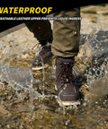 Six Inch Moc Toe Steel Toe Boots For Men Waterproof Leather Non Slip Safety Work Boots Durable Construction Western Brown US Size Nine Point Five Ideal For Construction Outdoor Labor Farm And Ranch All Day Comfort And Traction in water splash