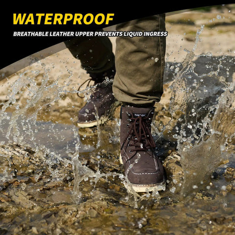 Six Inch Moc Toe Steel Toe Boots For Men Waterproof Leather Non Slip Safety Work Boots Durable Construction Western Brown US Size Nine Point Five Ideal For Construction Outdoor Labor Farm And Ranch All Day Comfort And Traction in water splash