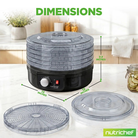 Professional Electric Countertop Food Dehydrator With Five Stackable Trays showing dimensions of 13 inches and 7.7 inches.