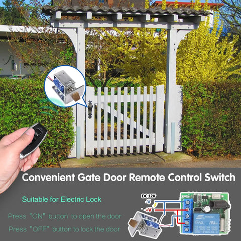 433MHz Universal Wireless Remote Control Switch Kit For 12V DC 1 Channel RF Relay Receiver Module Includes 5 Transmitters EV1527 Learning Code Remote System With Stable Signal Great Range Through Walls And Doors, gate lock use