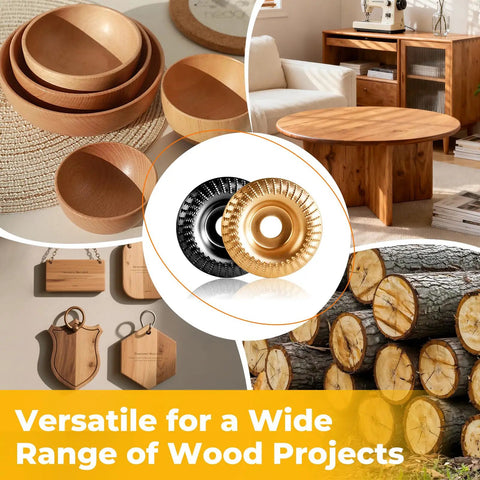 Pro Grade 15-Piece Wood Carving Disc Kit For 4 to 4.5 Inch Angle Grinders With 5/8 Inch Arbor, shown with wood projects