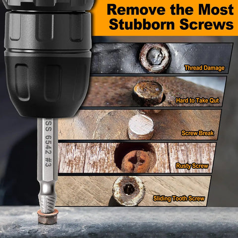 Pro Grade Heavy Duty Damaged Screw Extractor Set With 65HRC HSS 6542 Material Upgraded Removal Tool Kit in use on stubborn screws