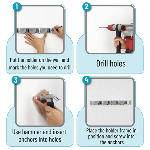 Installation steps for Aluminum Wall Mount Storage Rack With Four Hooks Built To Last Lightweight Durable Ideal Broom And Mop Holder For Small Spaces Space Saver Home Office Clutter Solution showing marking, drilling, anchoring, and mounting.