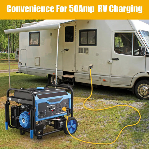 Plug And Play Nema L14 30P To 14 50R Generator Adapter Plug Handling 30 Amp To 50 Amp Conversion For Rv Trailer Camper Ev Tesla Level 2 Charging And Home Hookup Straight Out Badass Build, generator connected to RV.