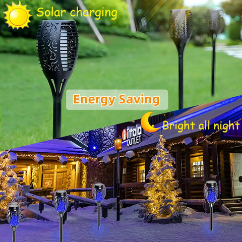 Blue Flickering Flame Solar Torches Lights 4 Pack For Outdoor Yard Garden Waterproof Pathway Patio Decor Easy Solar Powered Night Lighting display of torches installed in a garden area during day and night.