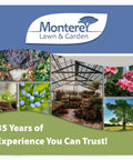 Monterey Lawn & Garden collage with plants, greenhouse, flowers, and trees celebrating 35 years of gardening excellence.