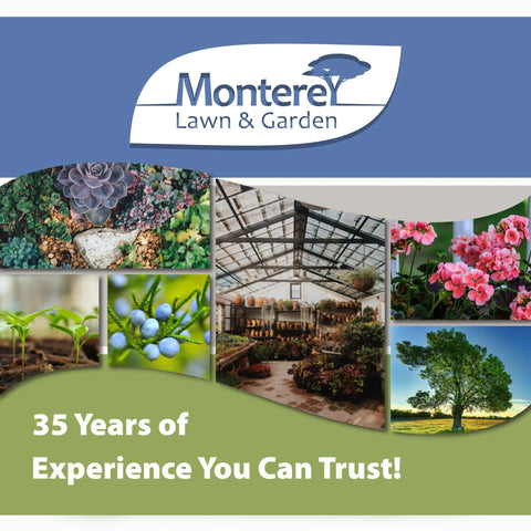 Monterey Lawn & Garden promotional collage with plants, greenhouse, 35 years experience message.