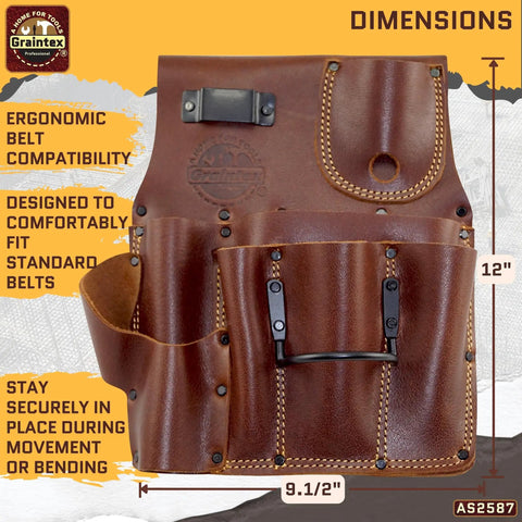 Right Handed Ambassador Series Drywall Pouch Chestnut Brown Top Grain Leather Pro Grade With One Hammer Holder