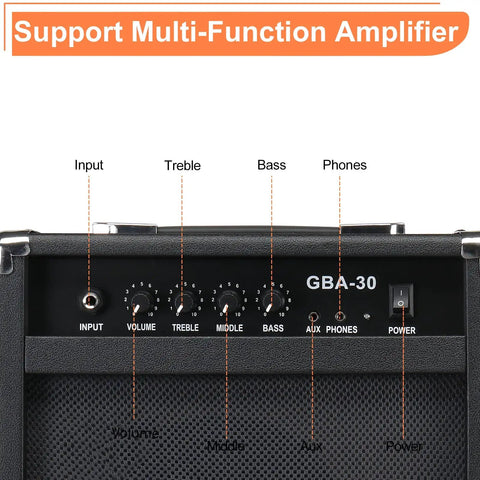 Front panel of 30W Bass Amp With Retractable Handle For Home Practice And Gig Ready Stage Performance, showing controls and inputs