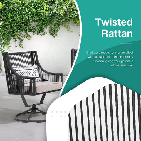 Outdoor Swivel Dining Chairs Set Of 2 With Cushions All Weather Wicker Patio Chairs, twisted PE rattan, metal swivel base