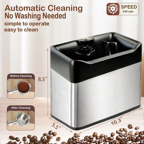 Automatic Electric Espresso Portafilter Cleaner With Triple Scrapers And Rotary Brush For Quick Puck Dumping, 10.3" x 5.5" x 8.5" steel body.