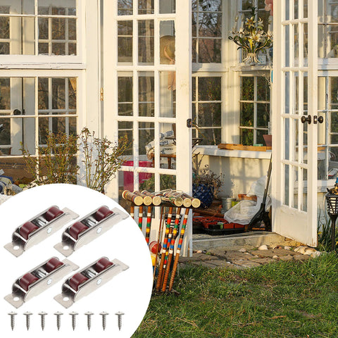 Top Shelf Stainless Steel Sash Wheels For Silky Smooth Sliding Windows And Patio Doors Heavy Duty Double Roller Pulleys displayed with patio door.