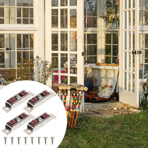 4 Pack Heavy Duty Stainless Steel Double Wheel Sliding Window Sash Rollers Built Like a Tank for No Sweat Swapping and Slick Track Glides Effortless Install Upgrade Kit displayed with garden backdrop.