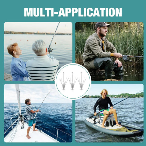 Multi-application image with 3-Piece Long Tail Heavy-Duty Spider Sinker Weights and various fishing scenarios.