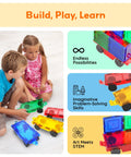 Children playing with Four Piece Magnetic Car and Truck Base Tiles Set for Creative Building and Movable Vehicles, STEM Toy