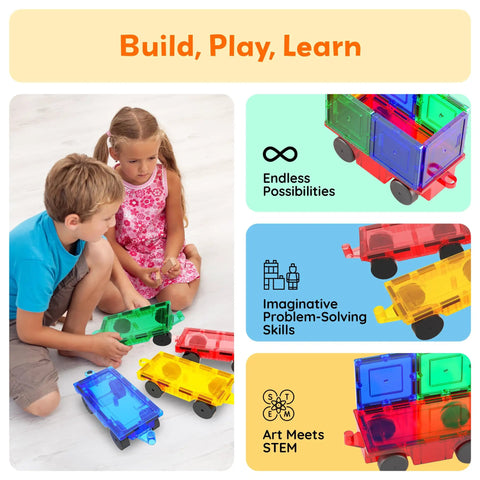 Children playing with Four Piece Magnetic Car and Truck Base Tiles Set for Creative Building and Movable Vehicles, STEM Toy