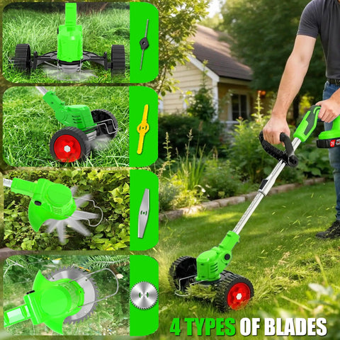 Person using Cordless 3-in-1 Weed Wacker With Dual 2000mAh Batteries, lightweight string trimmer, brush cutter, and lawn edger with wheels