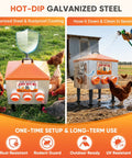 Total Game Changer 55 Pound Automatic Chicken Feeder With Eight Deep Ports And A Quick Peek Window shown outdoors, cleaning with hose.