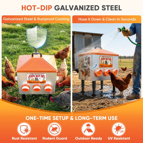 Total Game Changer 55 Pound Automatic Chicken Feeder With Eight Deep Ports And A Quick Peek Window shown outdoors, cleaning with hose.