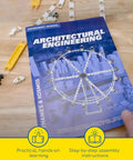 Architectural Engineering Kit For Kids And Teens Build 26 Real World Structure Models manual and steel pieces on table.