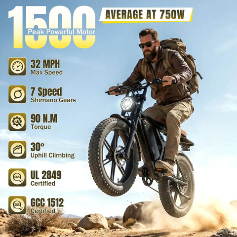 Man riding Electric Fat Tire Bike For Adults With 1500W Peak Motor Off Road Ebike on rocky terrain, showcasing features.