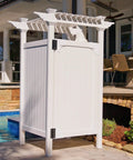 Spacious White Vinyl Outdoor Shower Enclosure With Privacy Door For Pool And Beach No Muss No Fuss Post Mount Rinse Off Station near swimming pool.