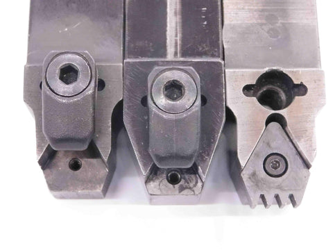 Close-up of Three Piece Lathe Turning Tool Holder Set Featuring One Inch Square Shank, detailing tool holder tips for machining.