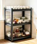 Three Tier 32 Inch Tall Adjustable Metal Kitchen Storage Shelf Pantry Baker Rack with dishes and jars on each shelf