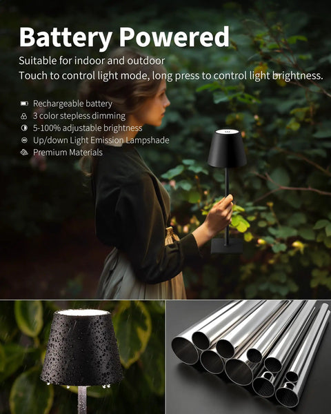 Person holding 2 Pack Cordless LED Desk Lamp in outdoor setting with battery powered features displayed.