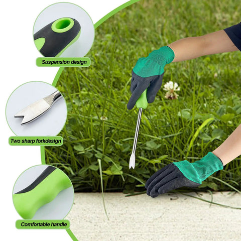 Person using Stand Up Weed Puller Tool With Long Handle For Lawn And Garden, Heavy Duty Stainless Steel Manual Weeder in garden