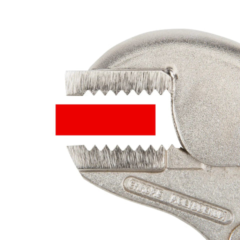 Close-up of straight jaw from Six Piece Locking Pliers Set With Straight Jaw Curved Jaw And Long Nose For Tough Grip Jobs Five Ten Six Nine Inch Sizes Ideal For Welding Sheet Metal Assembly And Heavy Duty DIY Projects Pro Grade Tool Kit