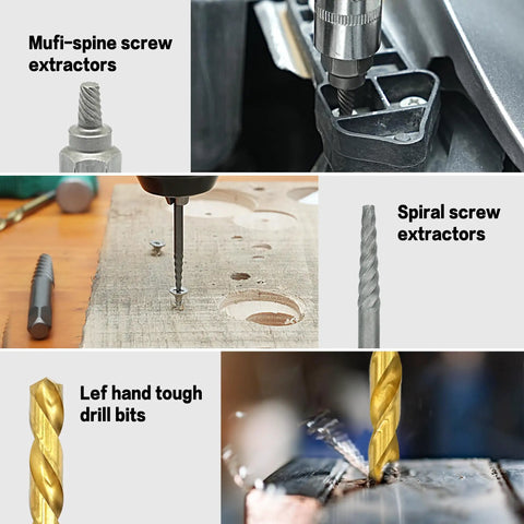 35 Piece Helical Screw Puller Kit With Left Hand Drill Bits And Multi Spline Pullers for quick removal of stripped damaged bolts and screws