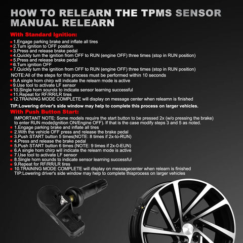 Set Of 4 Pre Programmed 315MHz TPMS Sensor Compatible With Chevy Silverado GMC Sierra Cadillac Buick Pontiac Saturn Hummer Saab Replace 13586335 13598771 13598772 Plug And Play Ready To Install Tire Pressure Sensor Kit relearn instructions