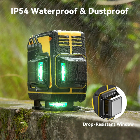 Self Leveling Laser Level With 3x360 3D Cross Lines Green Beam Rechargeable Layout Tool for outdoor use in rain and dust