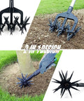 Manual Garden Cultivator With Interchangeable Handheld Scarifier And Handle Attachment in use on soil and lawn