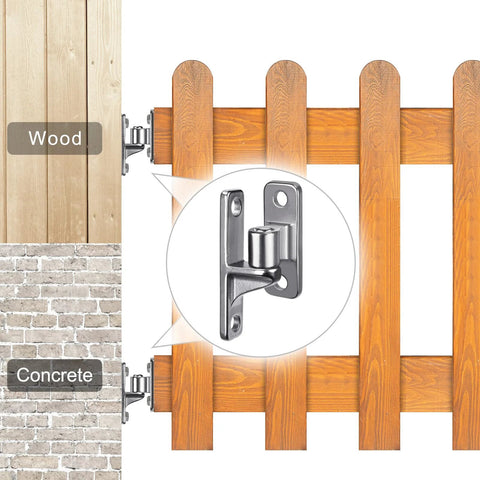 Insaga gate hinge, 304 stainless steel, installed on wooden gate; wall-mount, 5/8 in pin.