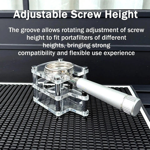 Adjustable screw height feature of Premium Clear Acrylic Espresso Tamper Station With Adjustable Height And Solid Portafilter Holder.