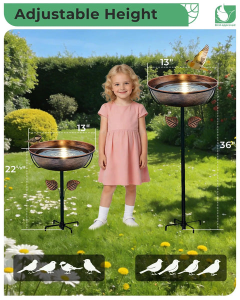 Metal Bird Bath For Outdoors 36 Inch Tall Stake With Removable 13 Inch Diameter Bowl And 3 Inch Deep Basin in garden setting.
