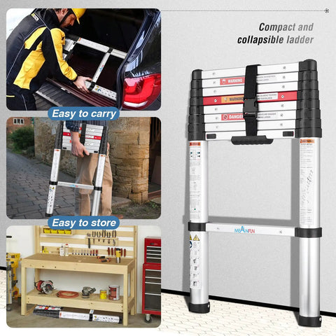 Six And A Half Foot Aluminum Telescoping Ladder For Home DIYers With One Button Retract Soft Close Design Anti Pinch And Anti Slip Safety Portable Extension Ladder Supports Up To 330 Lb shown being carried and stored
