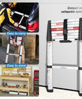 Aluminum Telescoping Ladder 8.5 Ft With One Button Safe Close, Foldable Extension Ladder for RV Roof Loft and storage