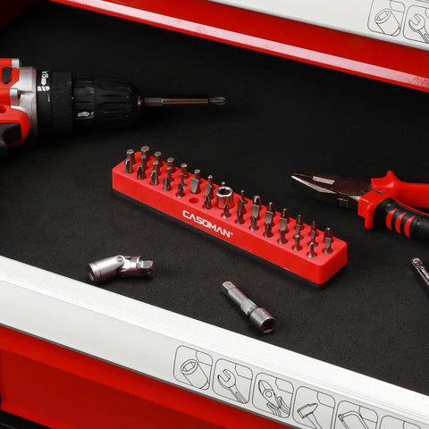 Red One Quarter Inch Hex Bit Organizer With Magnetic Base And Rubber Pad Toolbox Essential 43 Hole Bit Holder For Drill And Impact Bits Durable Polypropylene Construction Keeps All 43 Bits Neatly In One Ready Tray in toolbox