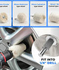 50mm buffing wheel demonstrating use with 1/4 inch drill on car wheel, part of 8 Inch S Shape Airway Buffing Wheel Kit For Metal Polishing