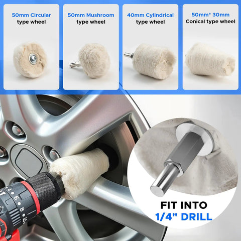 50mm buffing wheel demonstrating use with 1/4 inch drill on car wheel, part of 8 Inch S Shape Airway Buffing Wheel Kit For Metal Polishing