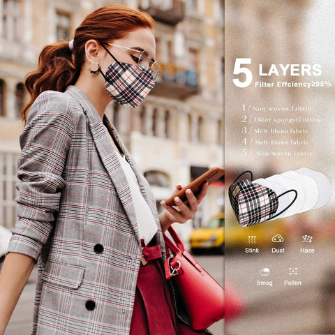 Woman wearing plaid KN95 Face Masks 60 Pack Individually Wrapped, 5 Layer Filtration For Adults, in urban setting.