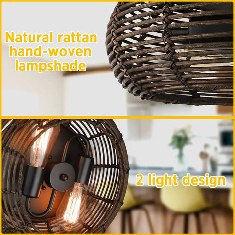 2 Light Rattan Ceiling Light 12.6 Inch Semi Flush Mount Handwoven Boho Brown Farmhouse Cage Fixture close-up