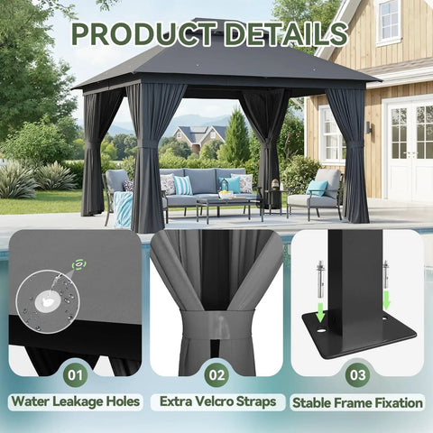Heavy Duty Outdoor Gazebo for Patio 10x12 with Double Roofs and Metal Frame Mosquito Netting and Privacy Screen displayed outdoors
